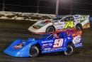 Nick Hoffman (9) goes by Ethan Dotson (74x) for May 1's World of Outlaws Late Model Series victory at Mississippi Thunder Speedway in Fountain City, Wis. (tylerrinkenphoto.smugmug.com1)