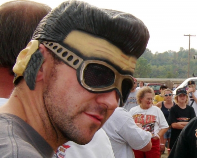 Driver Brian Birkhofer donned his Elvis mask at PPMS. (Kevin Kovac)