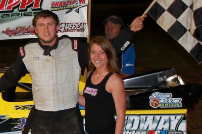Rookie Brooks Strength celebrates his first MSCCS victory Saturday at Jackson Motor Speedway. (RCG Photography)