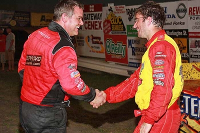 River Cities winner Tim McCreadie (right) is congratulated by runner-up Jimmy Mars. (ornesscreations.com)