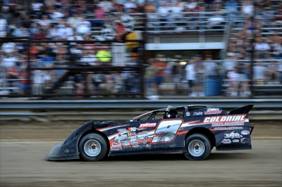 Will Thomas III takes the checkers at Expo Speedway. (jmsprophoto.com)