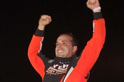 Jesse Stovall celebrates his victory at 81 Speedway. (Mary Gregory)