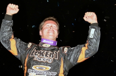 Rick Eckert celebrates his victory at Winston Speedway. (Steve Datema)