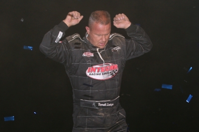 Darrell Lanigan celebrates after his victory at Little Valley Speedway. (Todd Battin)