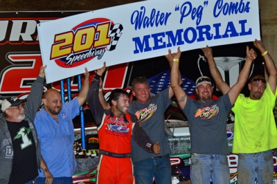 Dustin Linville celebrates with supporters at 201 Speedway. (B. Meyer Images)