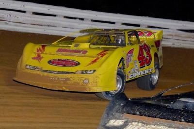 Jason Covert (43) heads for his first Late Model victory at Port Royal. (Brian Rhoad)