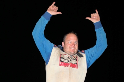 Greg Roberson celebrates at Eastside Speedway. (Clifford Dove)