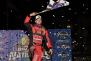 Hudson O'Neal celebrates Feb. 10's Federated Auto Parts DIRTcar Nationals victory at Volusia Speedway Park in Barberville, Fla. (mikerueferphotos.photoreflect.com)