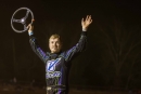 Corey DeLancey celebrates April 25's Burlile Ohio Valley Late Model Dirt Series victory at Tyler County Speedway in Middlebourne, W.Va. (Zach Yost)