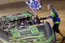 Tyler Carpenter picks up the checkered flag in capturing his first DIRTcar Summer Nationals victory July 12 at Wayne County Speedway in Orrville, Ohio. (highsideraceshots.com)