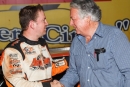 Dixie Speedway owner Mickey Swims (right) congratulates Steve Casebolt on his $6,000 Spring Nationals victory May 11. (praterphoto.com)