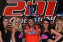 Dustin Linville enjoys victory lane May 18 at 201 Speedway at the Walter Combs Memorial. (B. Meyer Images)