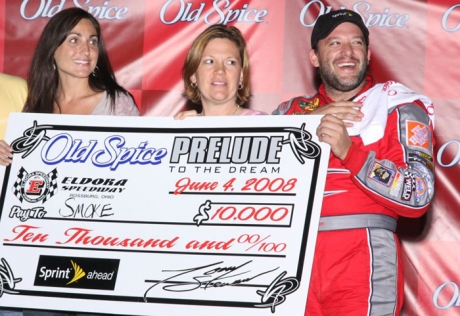 Eldora owner Tony Stewart enjoys his '08 victory. (Jeremey Rhoades)