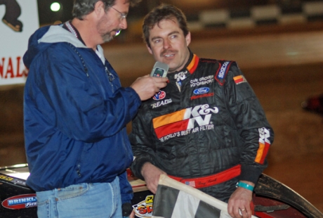 Ray Cook talks with announcer Rick Eshelman in victory lane. (DirtonDirt.com)