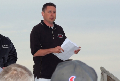 Jason Bodenhamer addresses drivers at Sedalia. (Mike Musslin)