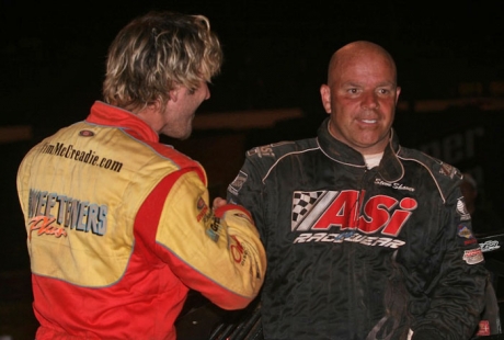 Third-place Tim McCreadie congratulates winner Steve Shaver. (Todd Battin)