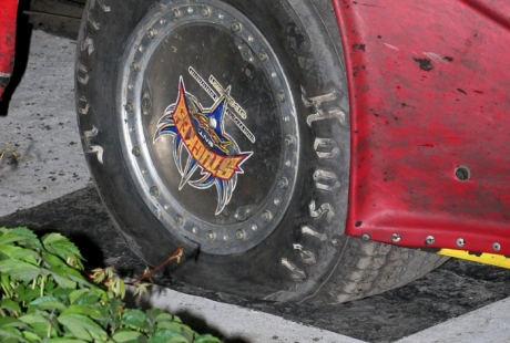 The winner's right-front tire went flat in victory lane. (Barry Johnson)