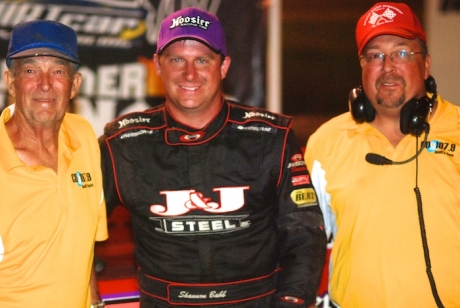 Spoon River Speedway's Morey Denney (left) and Brad Denney (right) join winner Shannon Babb in victory lane. (DirtonDirt.com)