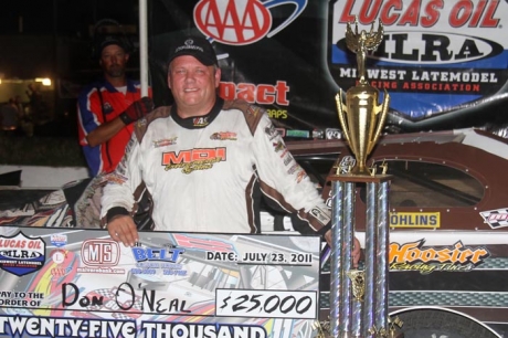 Don O'Neal enjoys victory lane at I-80 Speedway. (crpphotos.com)