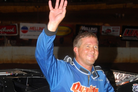 Mark Douglas waves to the Volunteer Speedway crowd in victory lane. (mrmracing.net)