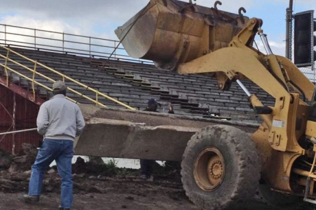 The installation of a concrete wall at Greenville Speedway.