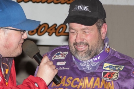 Darrel DeFrance visits victory lane at Dubuque. (Dan Busch)