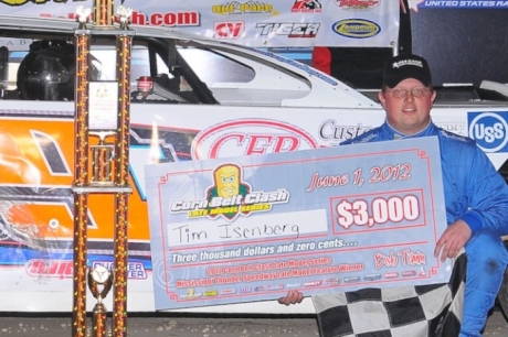 Tim Isenberg shows off his check at Mississippi Thunder Speedway. (jdphotosports.photoreflect.com)