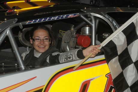 Kari Gasser of Vienna, Ohio, enjoys victory lane at Pittsburgh's Pennsylvania Motor Speedway, (Frank Wilson)