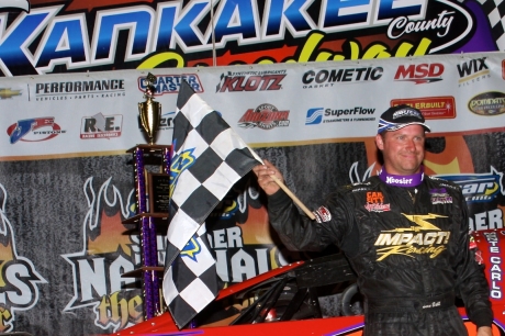 Shannon Babb enjoys victory lane at Kankakee for his 73rd Summernationals victory. (Jim DenHamer)