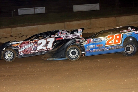 Nick Bartels (27) battles Dennis Erb Jr. (28) at Lincoln Park Speedway. (Jim DenHamer)