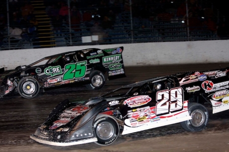 Darrell Lanigan (29) heads for victory at historic Berlin Raceway. (Jim DenHamer)