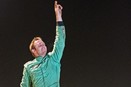 Walker Arthur climbed atop his car in victory lane. (Clifford Dove)