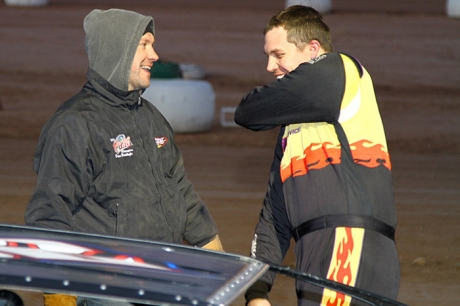 Brian Birkhofer (left) talks with Chris Simpson in victory lane. (mikerueferphotos.photoreflect.com)