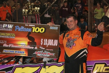 Bub McCool celebrates his $10,000 Pelican 100 victory. (R&R Motorsports Photography)