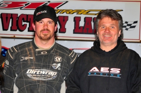 Jonathan Davenport celebrates with AES Racing team owner Steve Cooke. (focusedonracing.com)