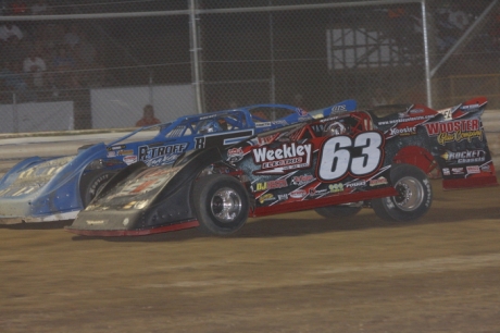 Doug Drown (63) held off Brandon Sheppard (outside) for his first Summernationals win. (Jim DenHamer)