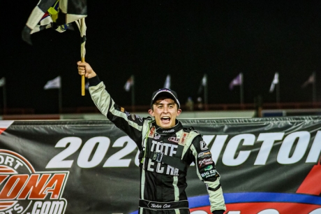 Tucker Cox celebrates his victory. (gsstanekracingphotography.smugmug.com)