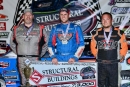 Winner Tyler Peterson is flanked by runner-up Cole Searing (right) and third-finishing Matt Gilbertson (left) after Structural Buildings WISSOTA Challenge Series action at Fiesta City Speedway in Montevideo, Minn. (Alex Ostenson/AOK Photography)
