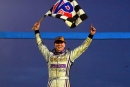 Bobby Pierce celebrates his rain-shortened USA Nationals victory Aug. 3 at Cedar Lake Speedway in New Richmond, Wis., on the World of Outlaws Case Late Model Series. (photosbyboyd.smugmug.com)