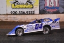 Jayden Schmidt celebrates after taking the checkers of his first Wabam Dirt Kings Tour victory Aug. 3 at 141 Speedway in Francis Creek, Wis. (Chad Marquardt)