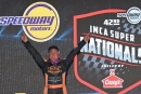 Dylan Thornton celebrates his IMCA Speedway Motors Super Nationals debut victory Sept. 2 at Boone (Iowa) Speedway. (photofinishphotos.com)