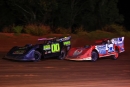 Brandon Dockery (00) held off Timbo Mangum (T1) for a Cagle Automotive Blue Ridge Outlaw Series victory Sept. 28 at Lake View Motor Speedway in Nichols, S.C. (ZSK Photography)