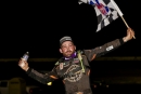 Home-state driver Josh Rice celebrates Oct. 5's Valvoline American Late Model Iron-Man Series victory at Mudlick Valley Raceway in Wallingford, Ky. (Tyler Carr)